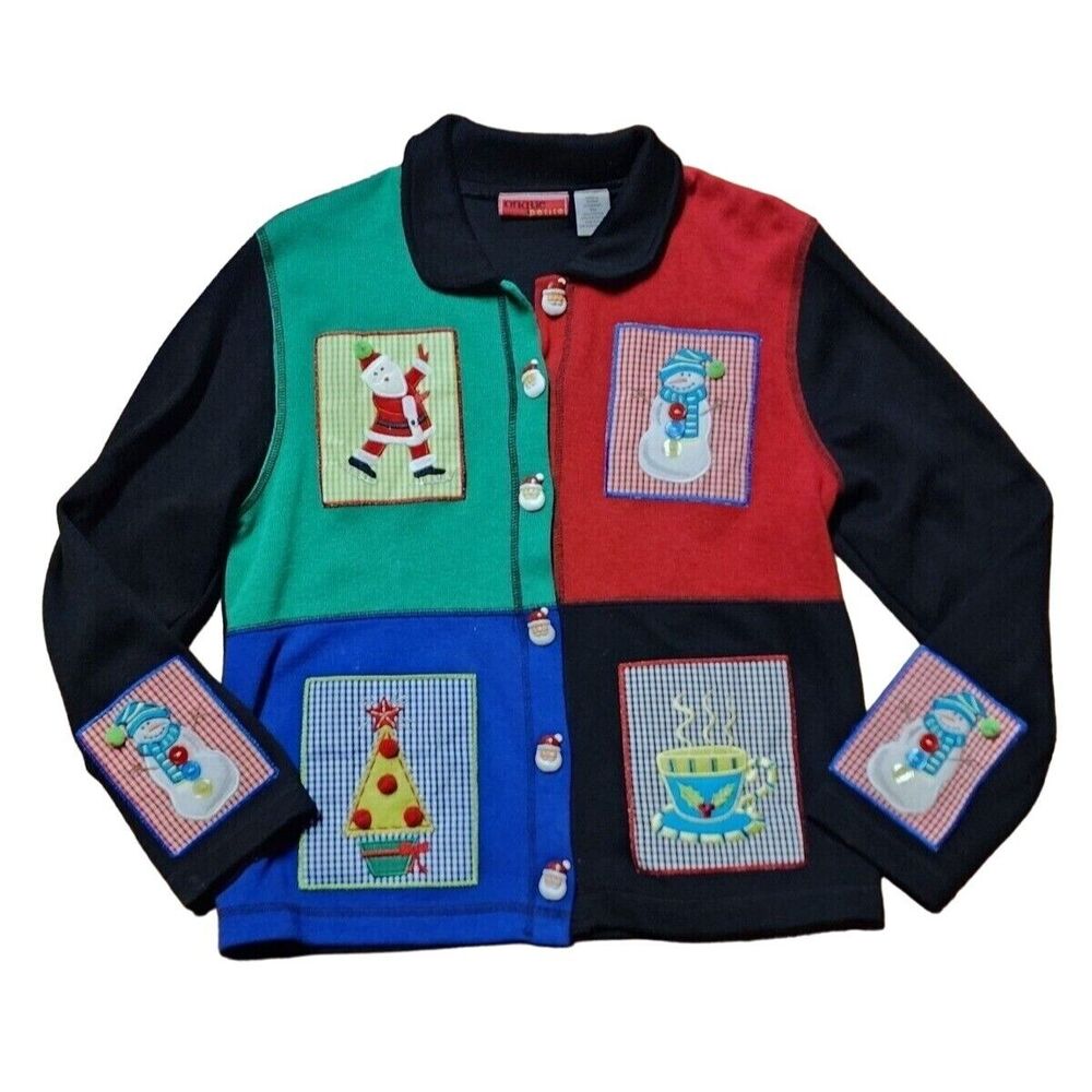 Onque Petite Size PM Santa Snowman XMas Tree Steaming Cup Christmas Sweater Blk